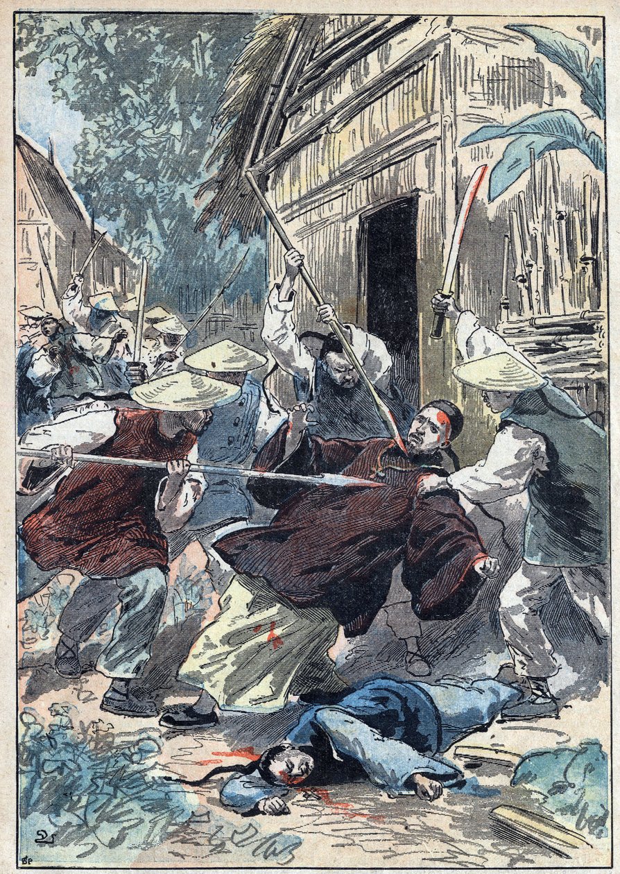 Den franske præst Berthollet (1865-1898), præst for udenrigsmissionerne, blev myrdet af kinesiske nationalgarde nær byen Yun Ngan Cheou (Yun-Ngan-Cheou) den 21. april 1898. Illustration af Damblans i "" Le Pelerin" ” af 10. juli af Eugene Damblans