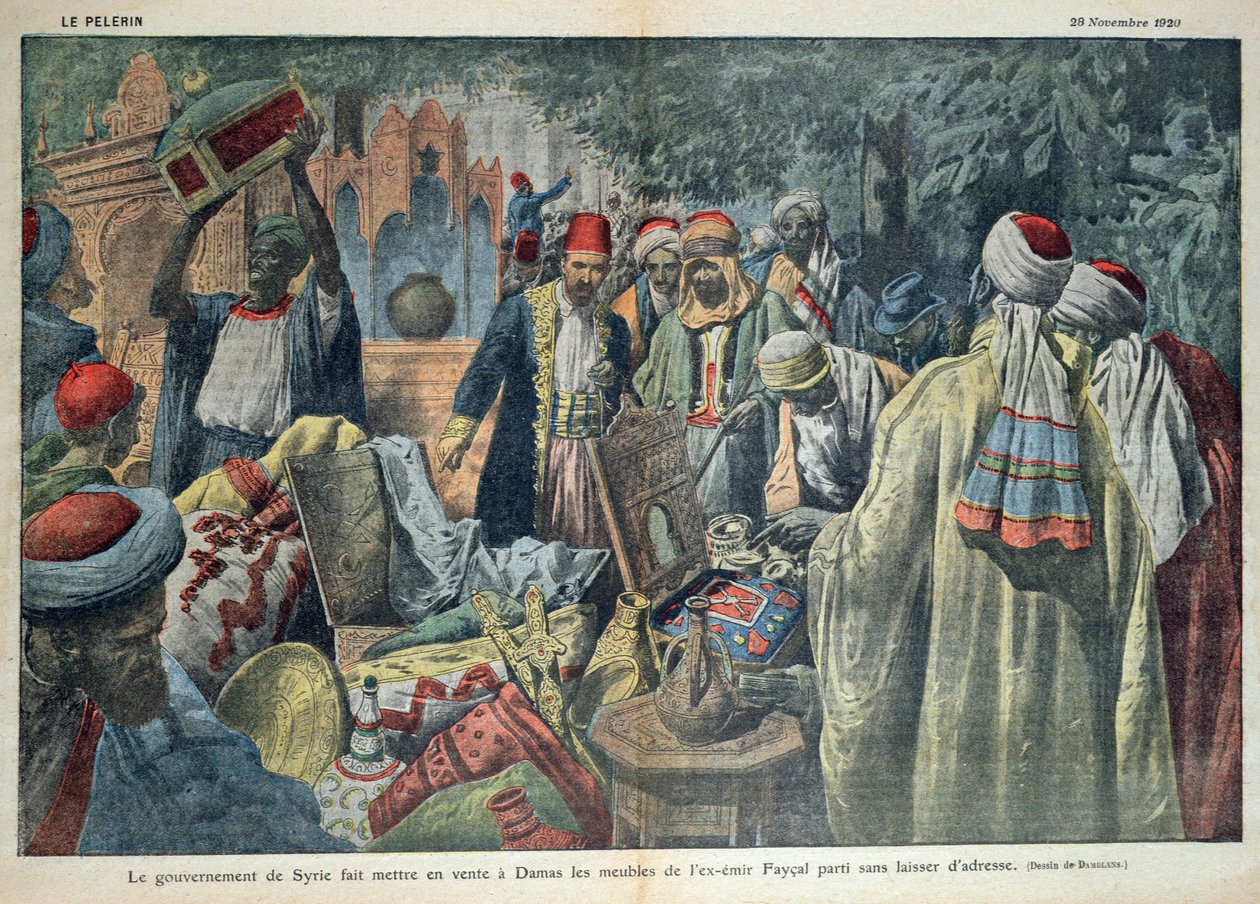 Den syriske regerings salg af varer fra Emir Faisal (1883-1923) i Damaskus, illustration fra magasinet 
