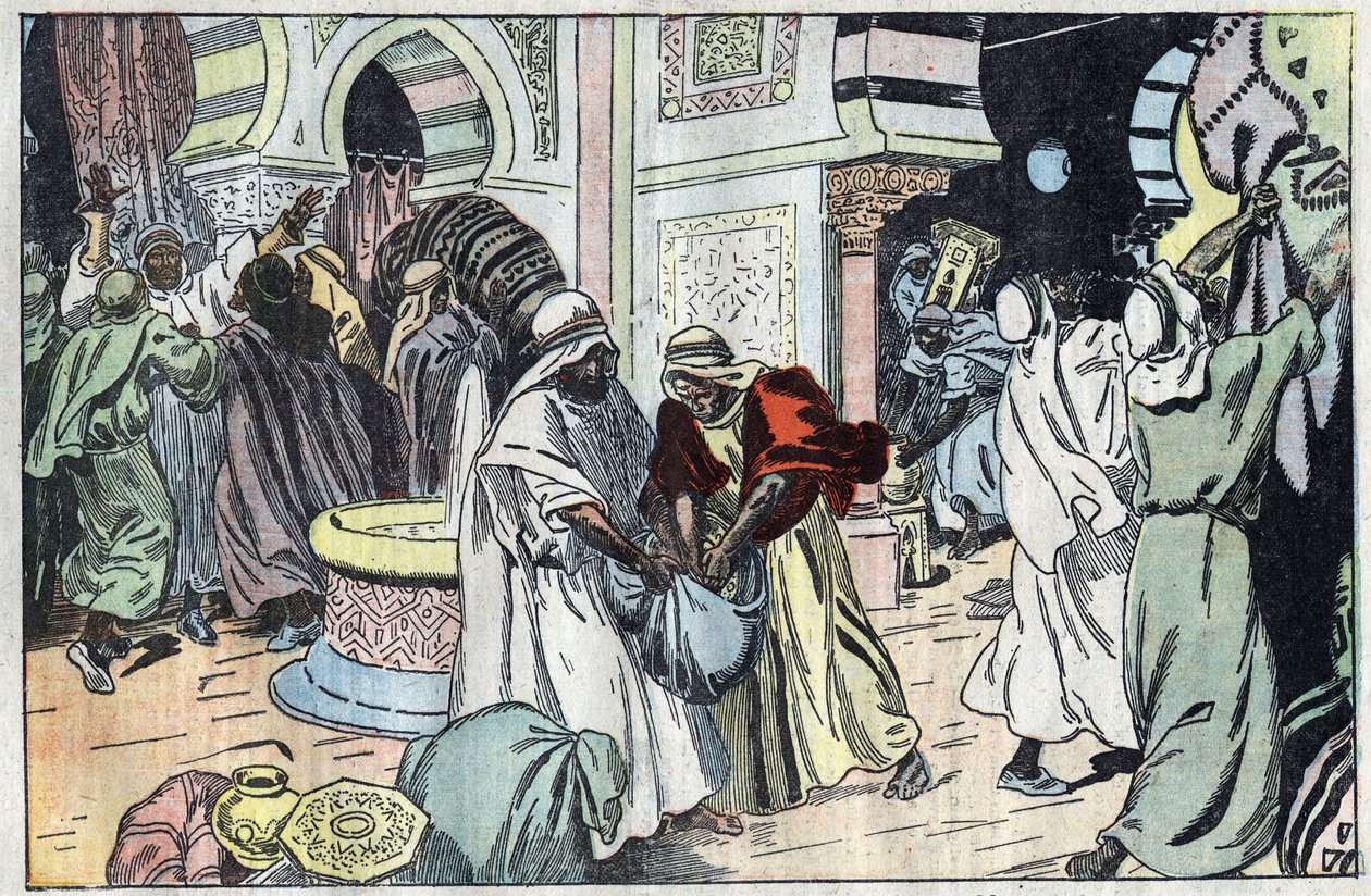 Wahabiterne, efter at have indtaget Mekka, plyndrede kong Husseins palads. Illustration af Damblans. I "" Le Pelerin"" af 2. november af Eugene Damblans