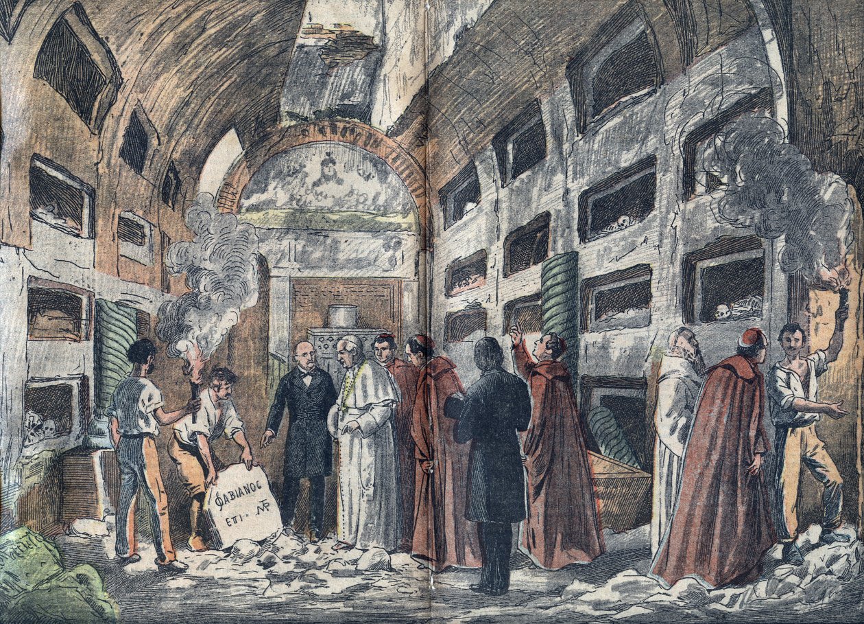 Arkæologen Giovanni Battista de Rossi (1822-1894) får pave Pius IX til at besøge pavernes krypt, han netop har opdaget (1852) - Illustration af Damblans i "" le-Pelerin"" 1923 af Eugene Damblans