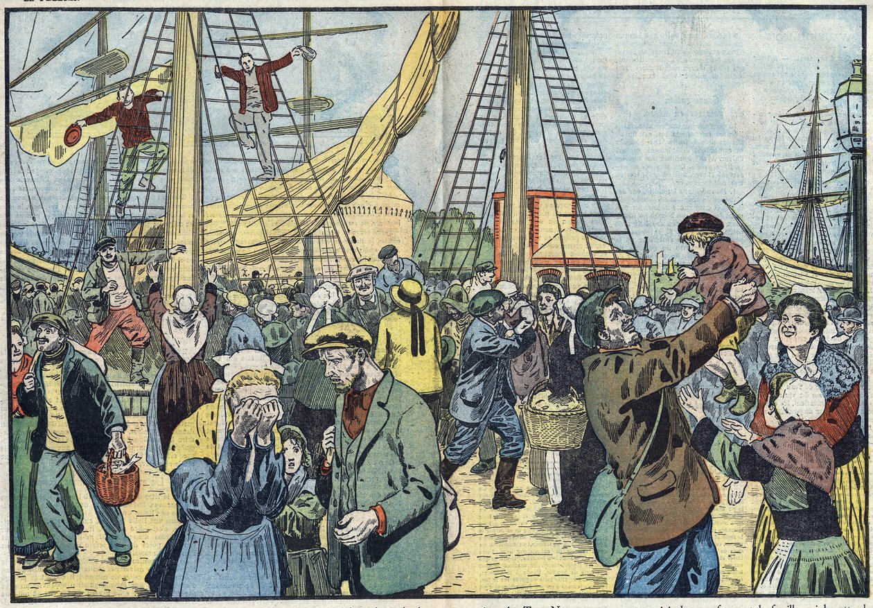 Torskens tilbagevenden til Saint-Malo: Terres-Neuvas fiskede og blev genforenet med deres familier. Illustration af Damblans. I "" Le Pelerin"" af 7. oktober af Eugene Damblans
