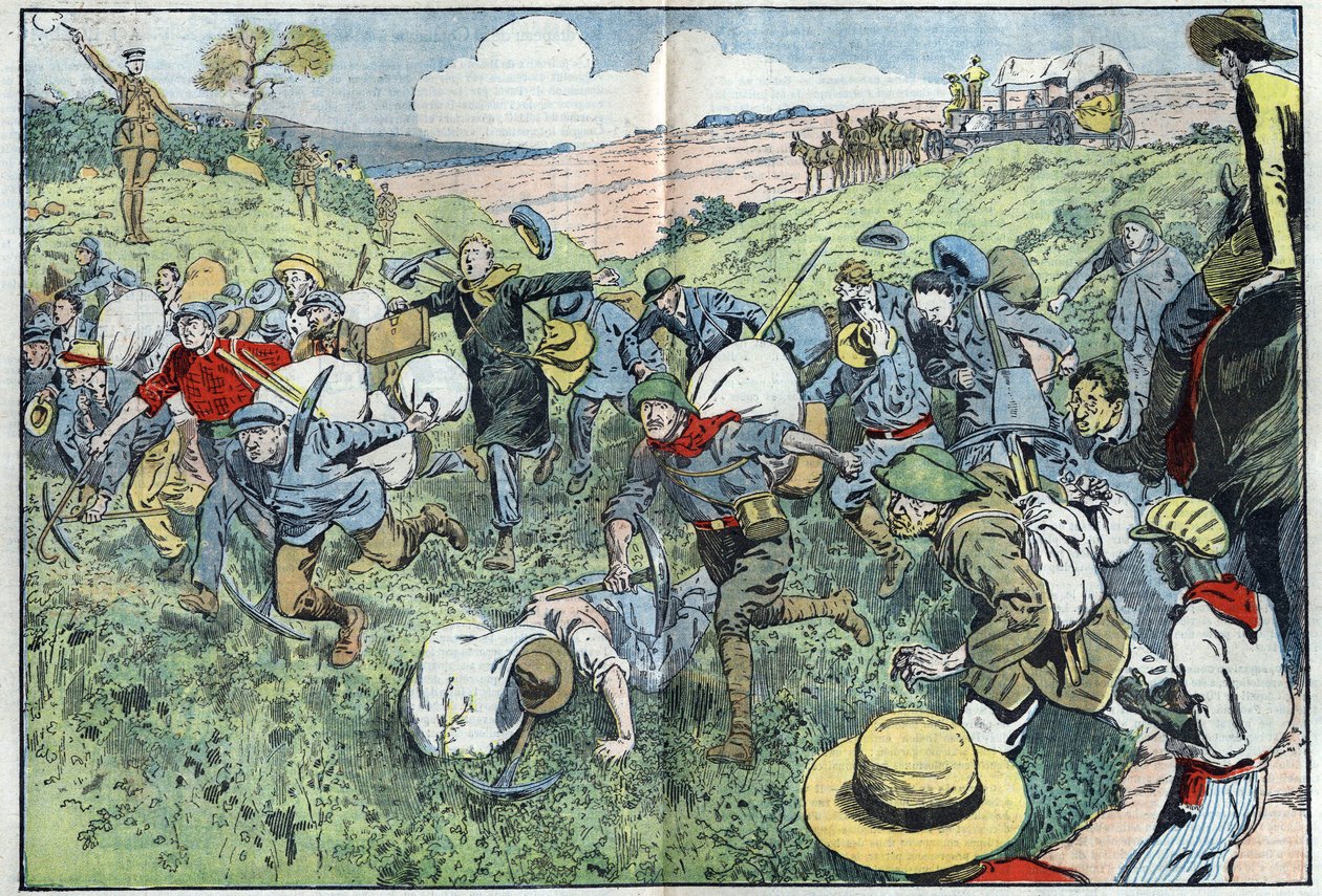 Diamantkapløbet (Sydafrika): et kapløb organiseret for at afgøre, hvem der skal besætte diamantgrundene tættest på forekomsten. Illustration af Damblans i "" Le Pelerin"" af 3. august af Eugene Damblans