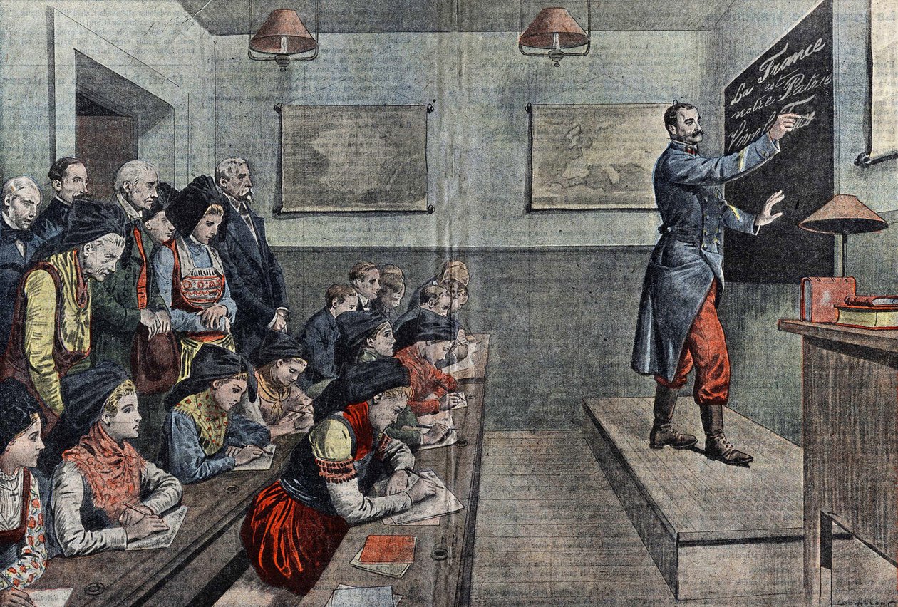 Den første klasse i fransk i Alsace er generobret. Illustration af Damblans. I "Le Pelerin"" fra 1914. af Eugene Damblans