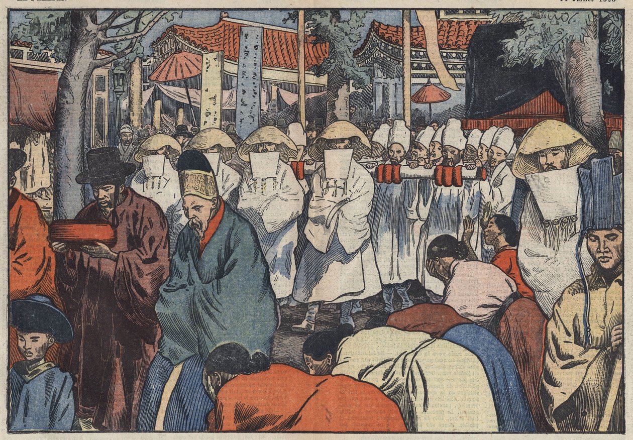 Begravelsen af den tidligere kejser af Korea, prins Yi. Man kan se katafalken ved døren til paladset i Seoul, mens Aigos eller "Cereers Coreens" begræder prinsens død. Seoul, Korea. Illustration af Damblans. I "" Le Pelerin"" fra juli af Eugene Damblans