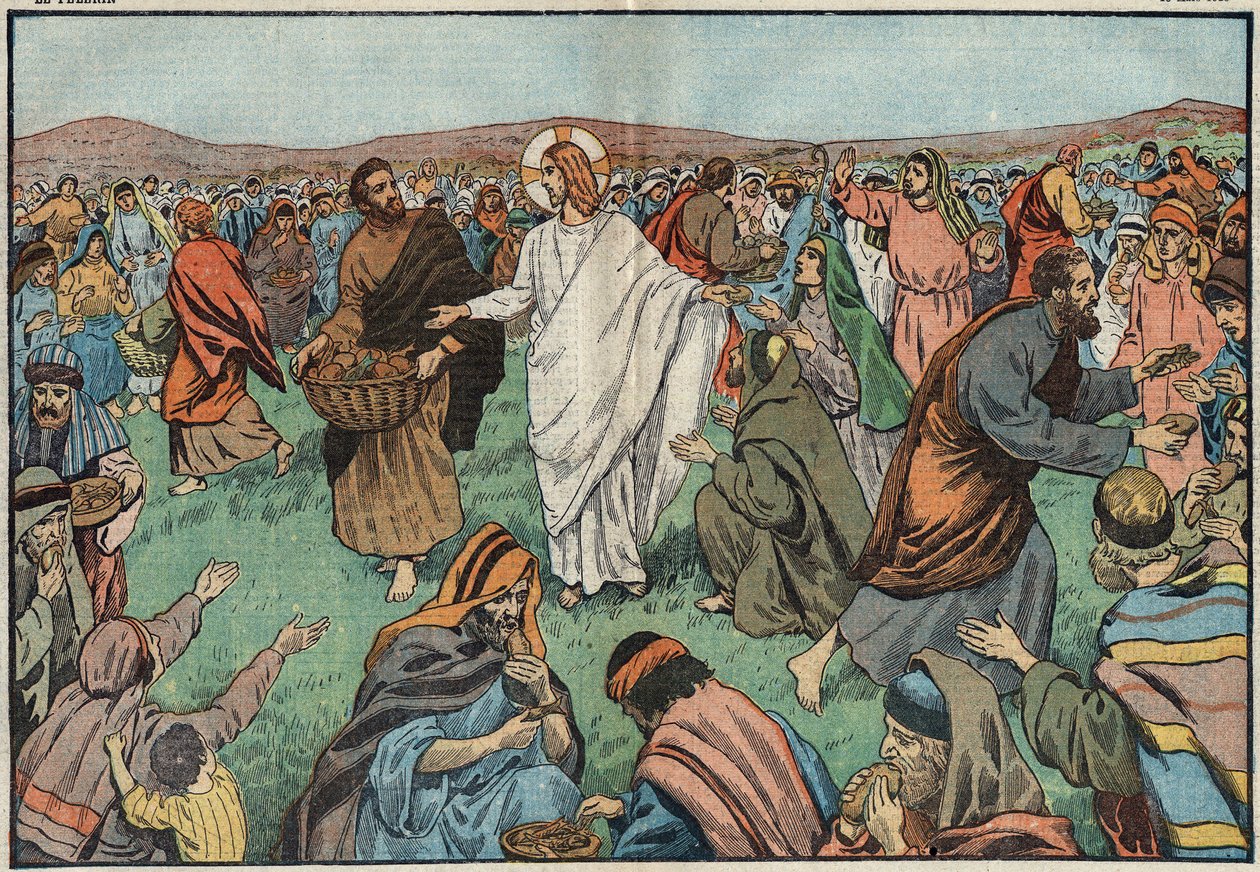 Brødenes formering: Ved bredden af Tiberiad-søen tilfredsstillede Jesus Kristus (Jesus Kristus) befolkningen ved at gange fem bygbrød og to fisk. Illustration af Damblans. I "" Le Pelerin"" af 18. marts af Eugene Damblans