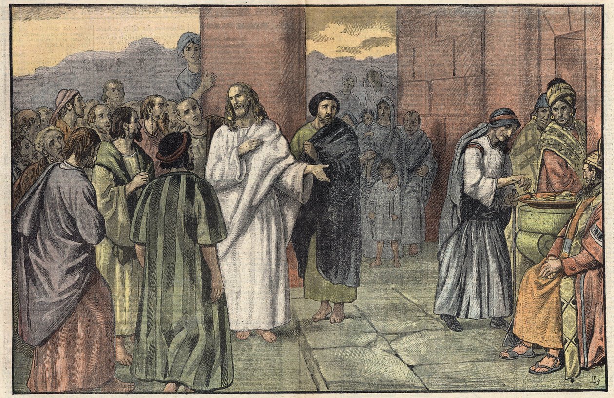 Enkens ofring. Evangelium ifølge Markus, kapitel 12, v. 41-44. Illustration af Damblans. I "" Le Pelerin"" af 28. juni af Eugene Damblans