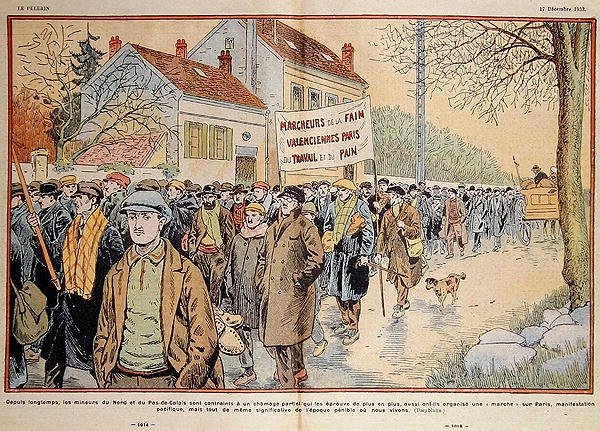 Arbejdsløse minearbejdere fra Nordfrankrig og Pas-de-Calais-regionen marcherer til Paris, illustration fra 