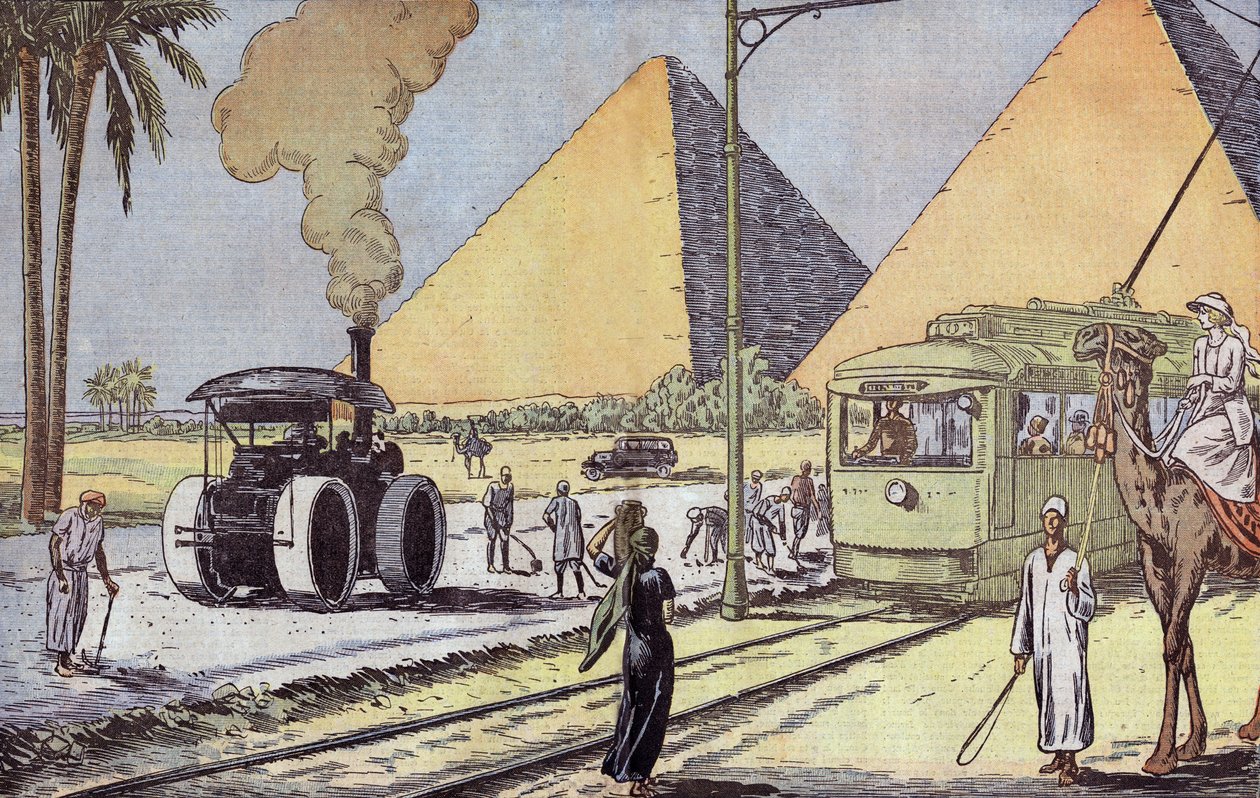 Udsigt over Giza-pyramiderne i Egypten, illustration af Eugene Damblans fra det franske blad "Le Pelerin" 1. januar af Eugene Damblans
