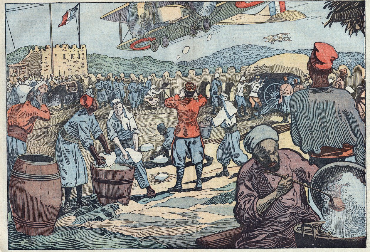 Krig i Marokko: Franske fly leverer is til en blokhusbelejring af dissidente marokkanere. Illustration af Damblans. I "" Le Pelerin"" af 24. maj af Eugene Damblans