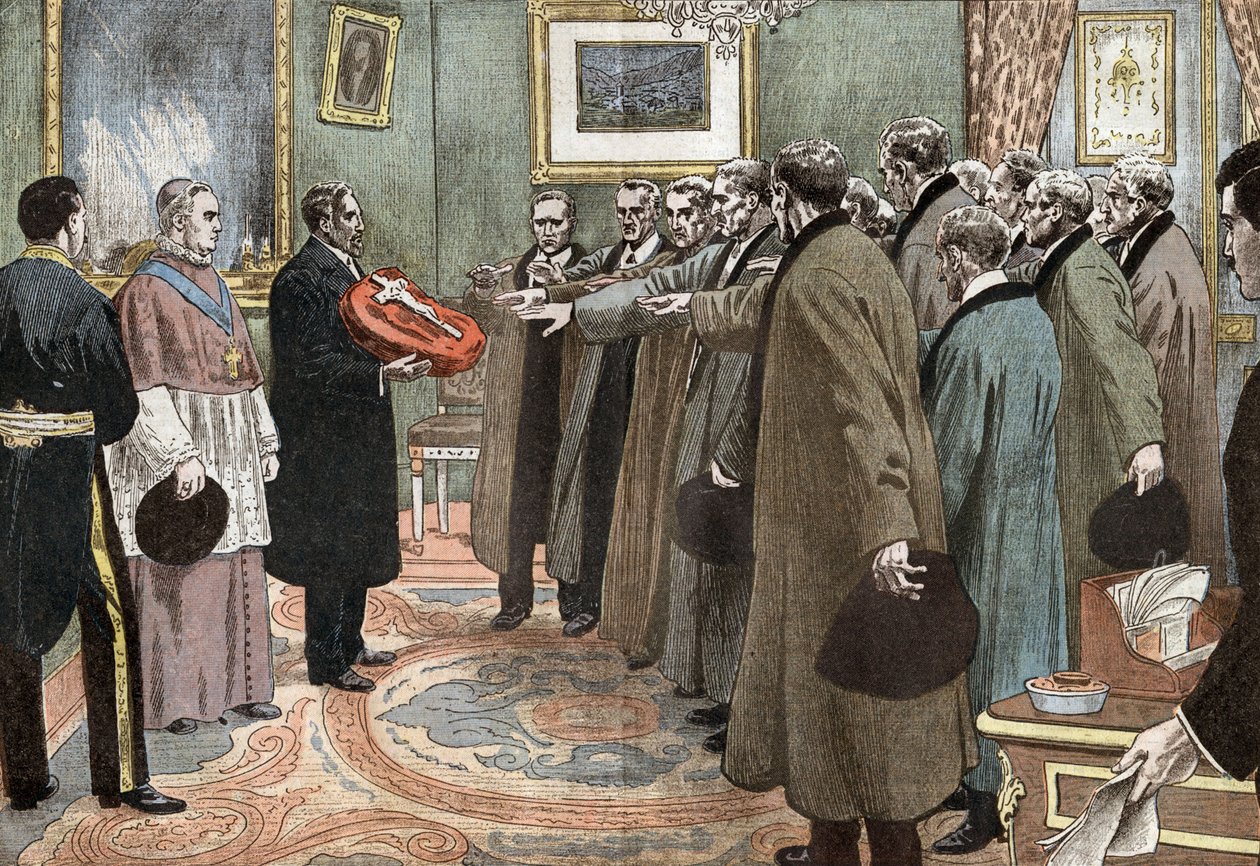 delegerede fra Andorre-republikken med biskop af Urgel, der aflægger lydighedsed til Frankrig, illustration af Damblans fra papiret "Le Pelerin" 3. maj af Eugene Damblans