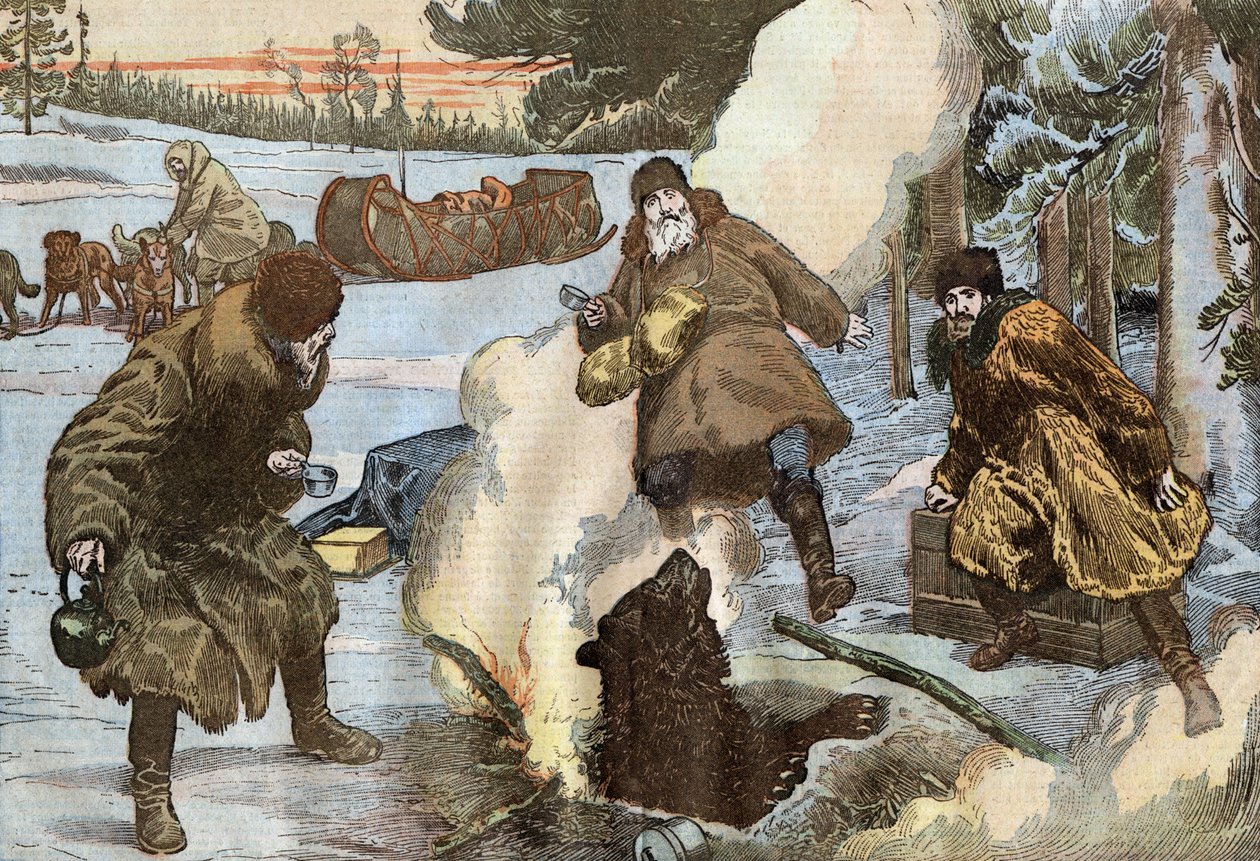 missionærer tilbereder te, mens en bjørn pludselig dukkede op fra is, illustration af Damblans fra det franske blad "Le Pelerin" 23. august af Eugene Damblans