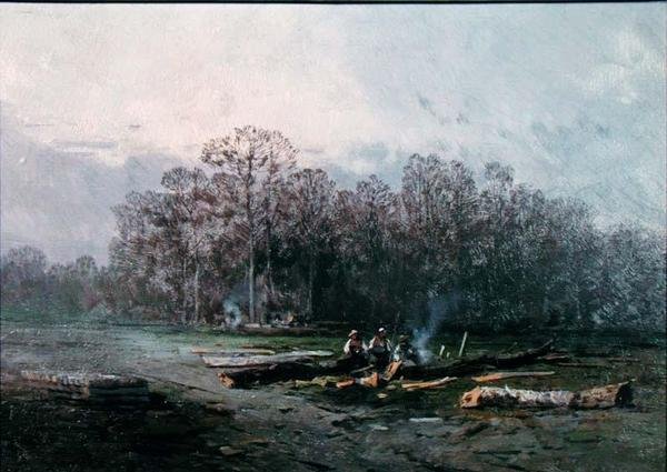 Misty Landscape with Woodcutters (olie på lærred) af Eugene Deshayes