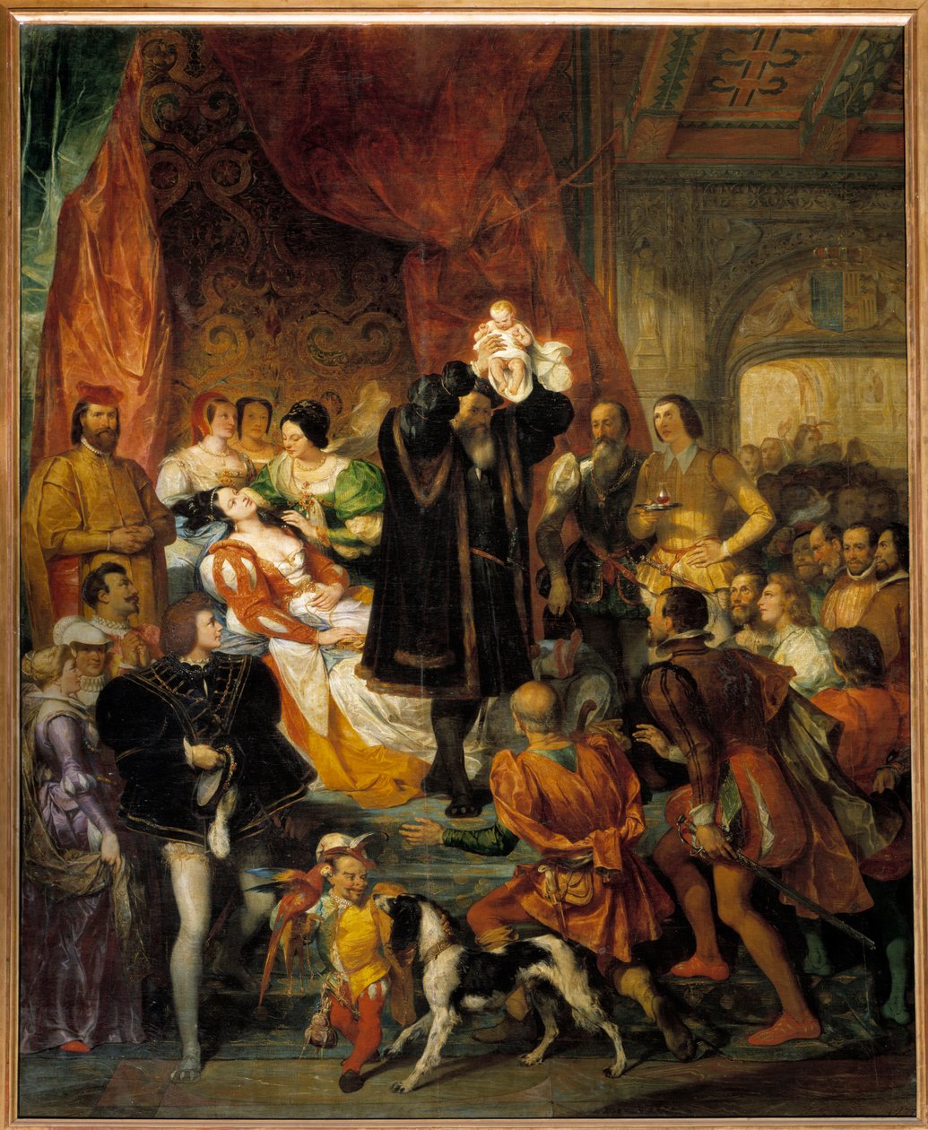 Fødsel af kong Henrik IV den 13/12/1553 på Chateau de Pau Jeanne III, kendt som Jeanne d"Albret, føder den fremtidige konge viser besøgende af sin far Antoine de Bourbon af Eugene Deveria
