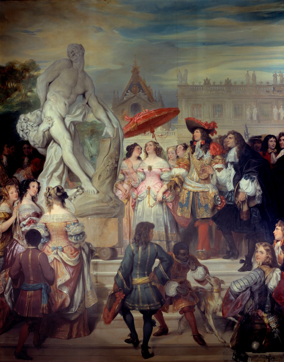 Pierre Puget (1620-1694) præsenterer sin statue Milon af Crotone til Ludvig XIV (1638-1715) i haven på slottet i Versailles. Maleri af Eugene Deveria (1808-1865) af Eugene Deveria