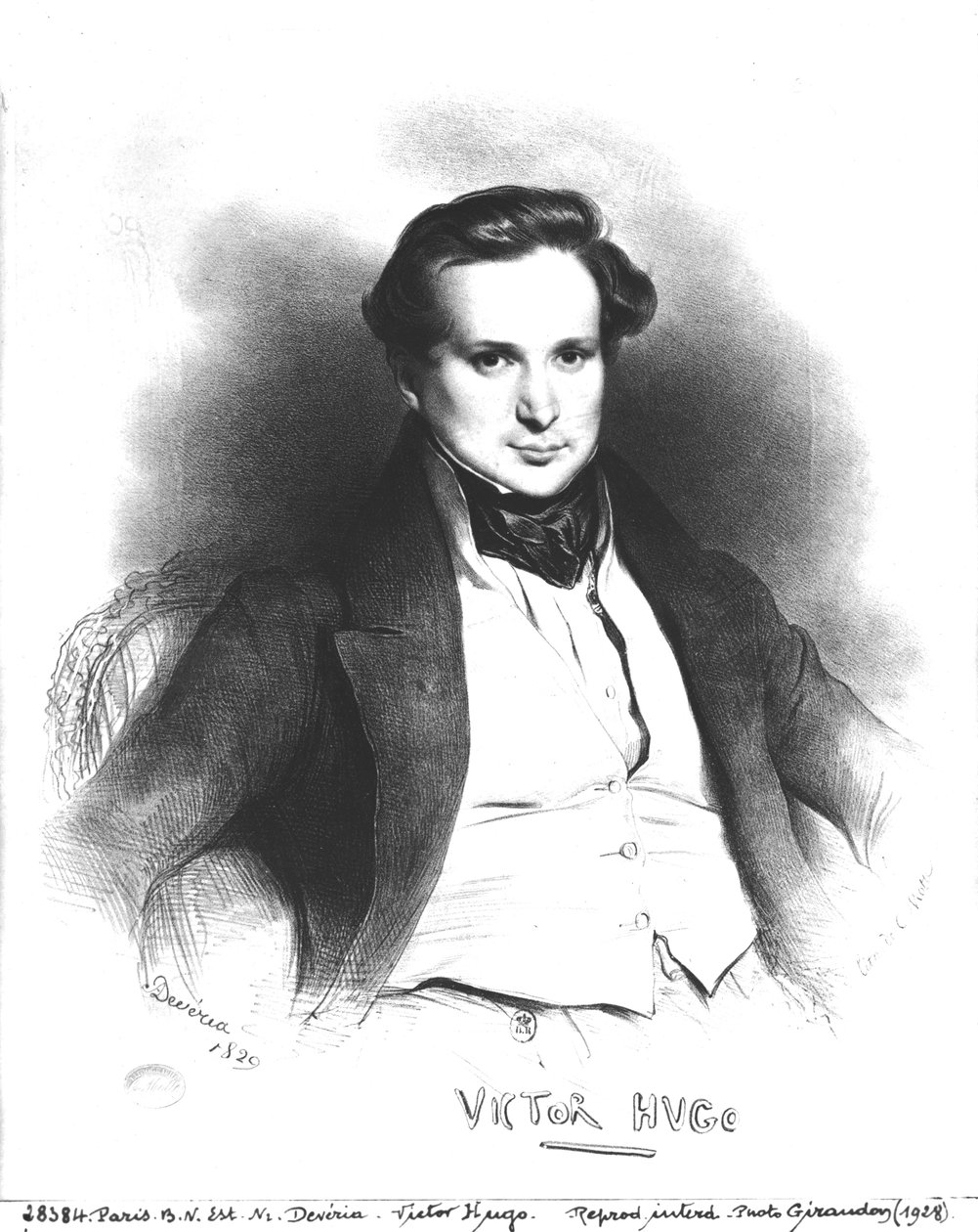 Portræt af Victor Hugo (1802-66), indgraveret af Charles Etienne Pierre Motte (1785-1836) 1829 (litho) (bw foto) af Eugene Deveria
