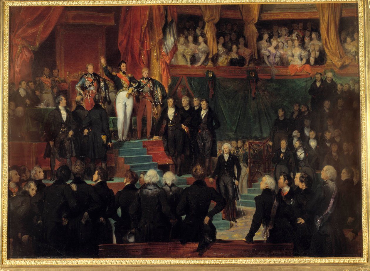 Revolution i 1830: "" Kong Louis Philippe I (1773-1850) svor at opretholde charteret af 1830 i nærværelse af de kamre, der blev genforenet i den foreløbige sal i Palais Bourbon den 9. august af Eugene Deveria