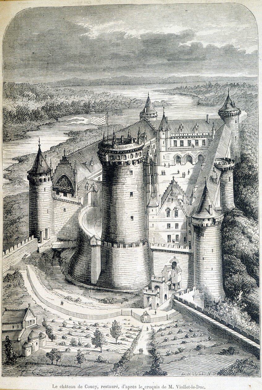 Le chateau de Coucy, restaureret - gravering fra skitsen//af Eugene Viollet-le-Duc (Viollet le Duc) (1814-1879) - "" Le Monde illustrious""" af 8/05/1858. af Eugene Emmanuel (after) Viollet le Duc