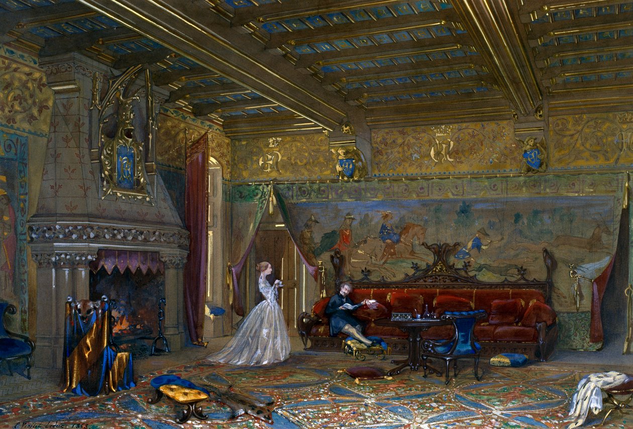 Design af en hal i gotisk stil til Chateau de Pierrefonds, med kejseren og kejserinden af Eugene Emmanuel Viollet le Duc