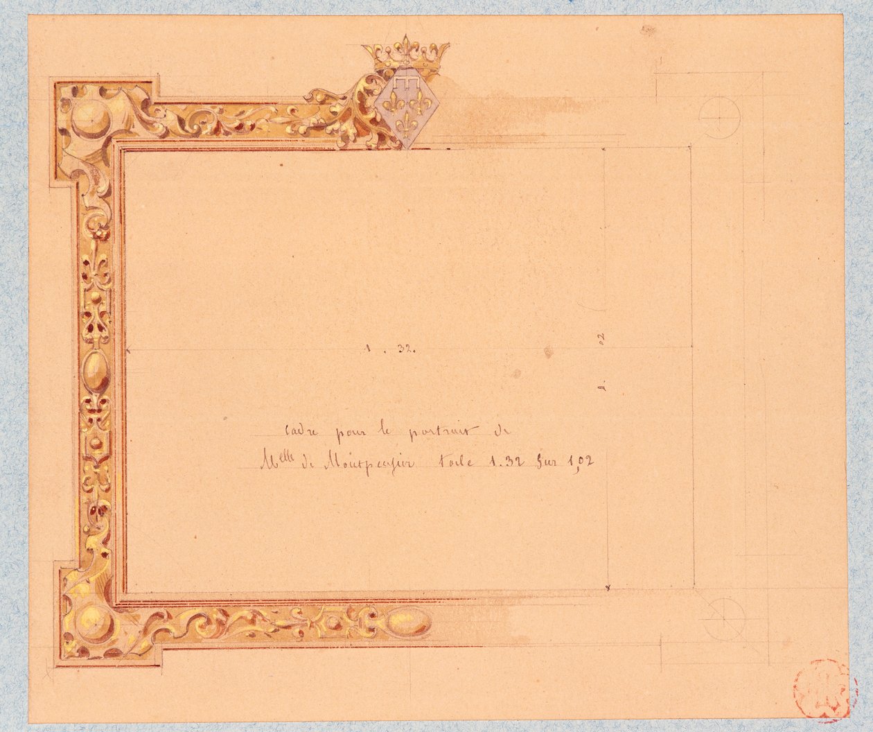 Design af gesimsen til Mademoiselle de Montpensiers portræt, af Eugene Emmanuel Viollet-Le-Duc (1814-1879), akvareltegning af Eugene Emmanuel Viollet le Duc