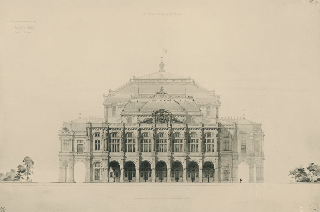 Frankrig, Paris, Designs indsendt af Viollet le Duc i konkurrence om opførelsen af det nye operahus i Paris af Eugene Emmanuel Viollet le Duc