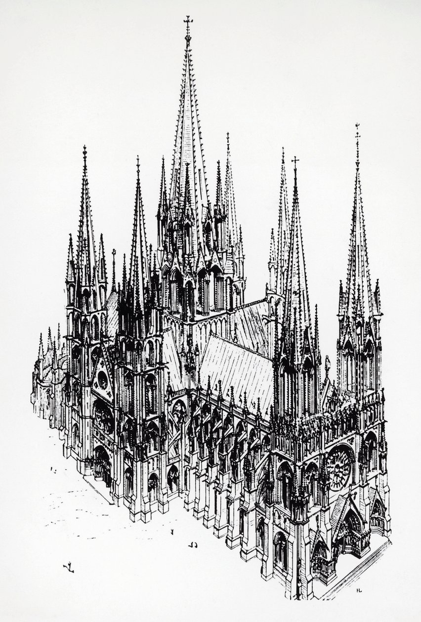 Isometrisk visning af den ideelle katedral, tegning af Eugene Emmanuel Viollet-le-Duc (1814-1879) fra Dictionary of French Architecture fra 11. til 16. århundrede af Eugene Emmanuel Viollet le Duc