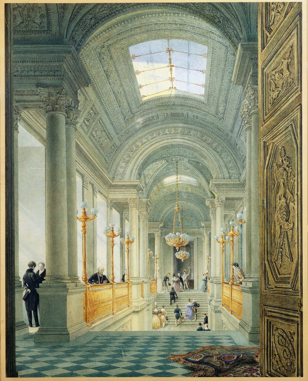 Paris. Den store trappe i Tuileries Palace, af Eugene Viollet Le Duc, Circa 1840, akvarelmaleri af Eugene Emmanuel Viollet le Duc