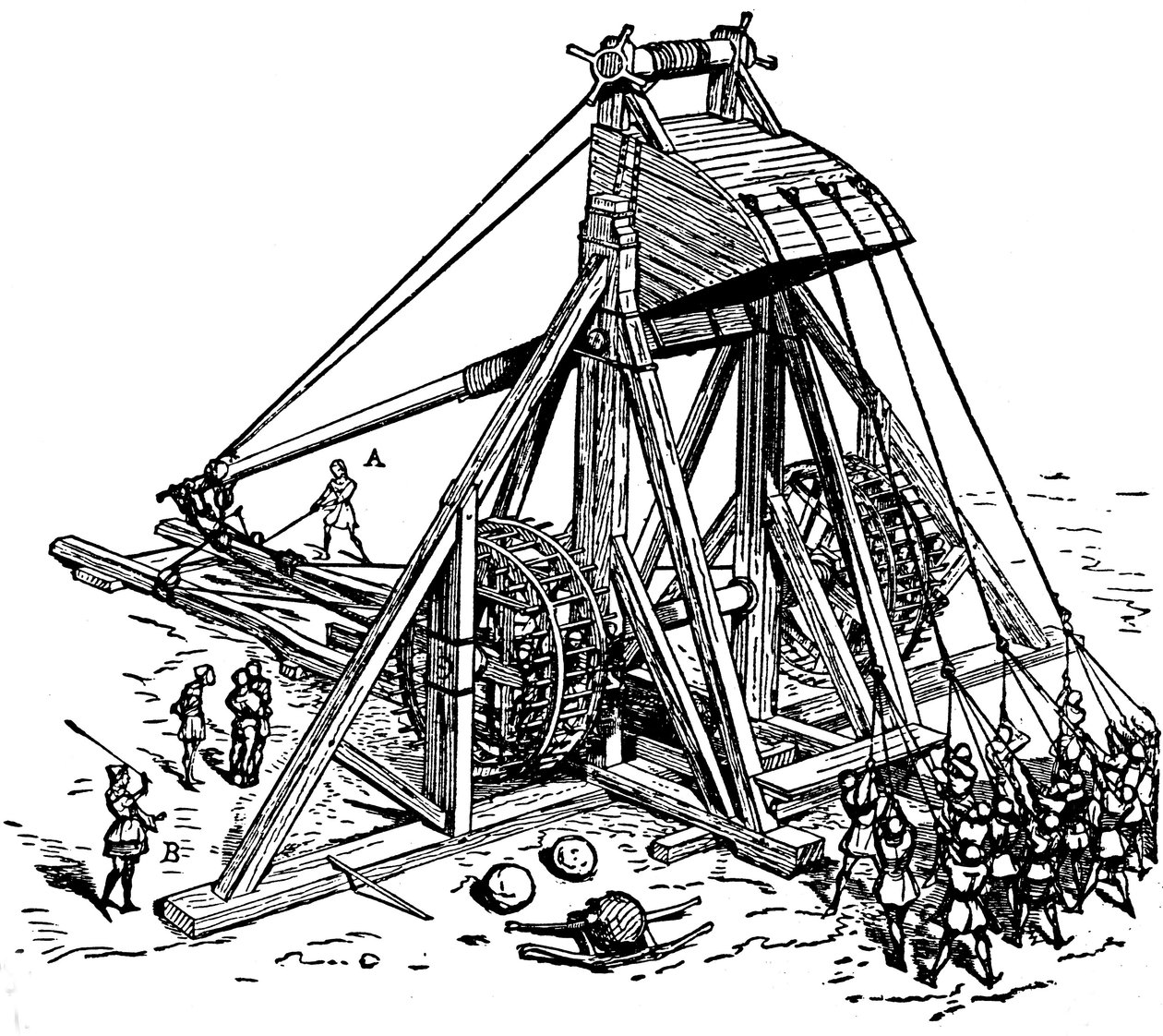 Genopbygning af en enorm katapult (modvægt trebuchet type), kaldet mangonneau af Eugene Emmanuel Viollet le Duc