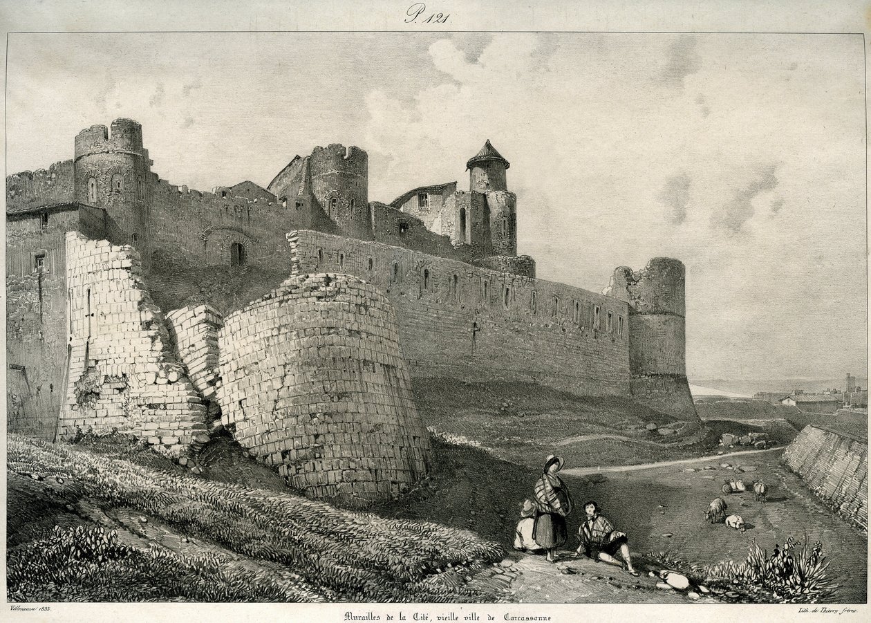 Carcassonne, bymure, stærkt beskadiget af Eugene Emmanuel Viollet le Duc