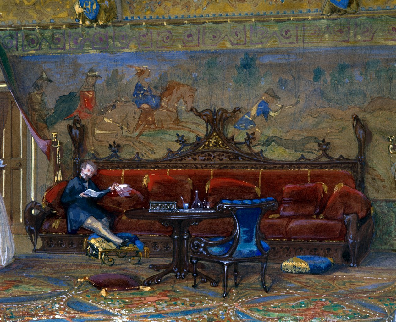 Design af en hal i gotisk stil til Chateau de Pierrefonds, med kejseren og kejserinden af Eugene Emmanuel Viollet le Duc