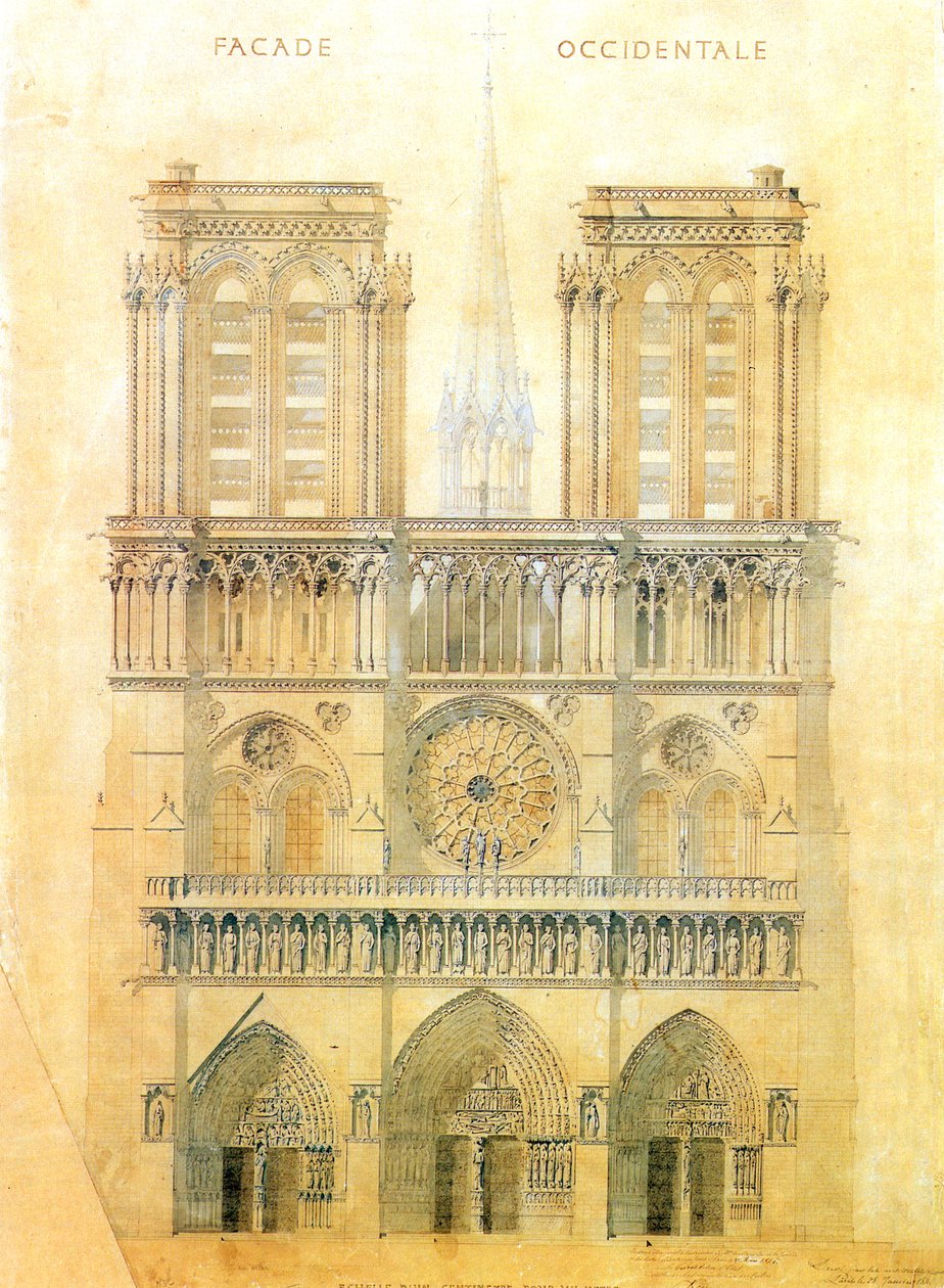 Projekt til restaurering af vestfacade af Notre Dame-katedralen i Paris med rekonstruktion af spiret ved krydset, 1843 af Eugene Emmanuel Viollet le Duc