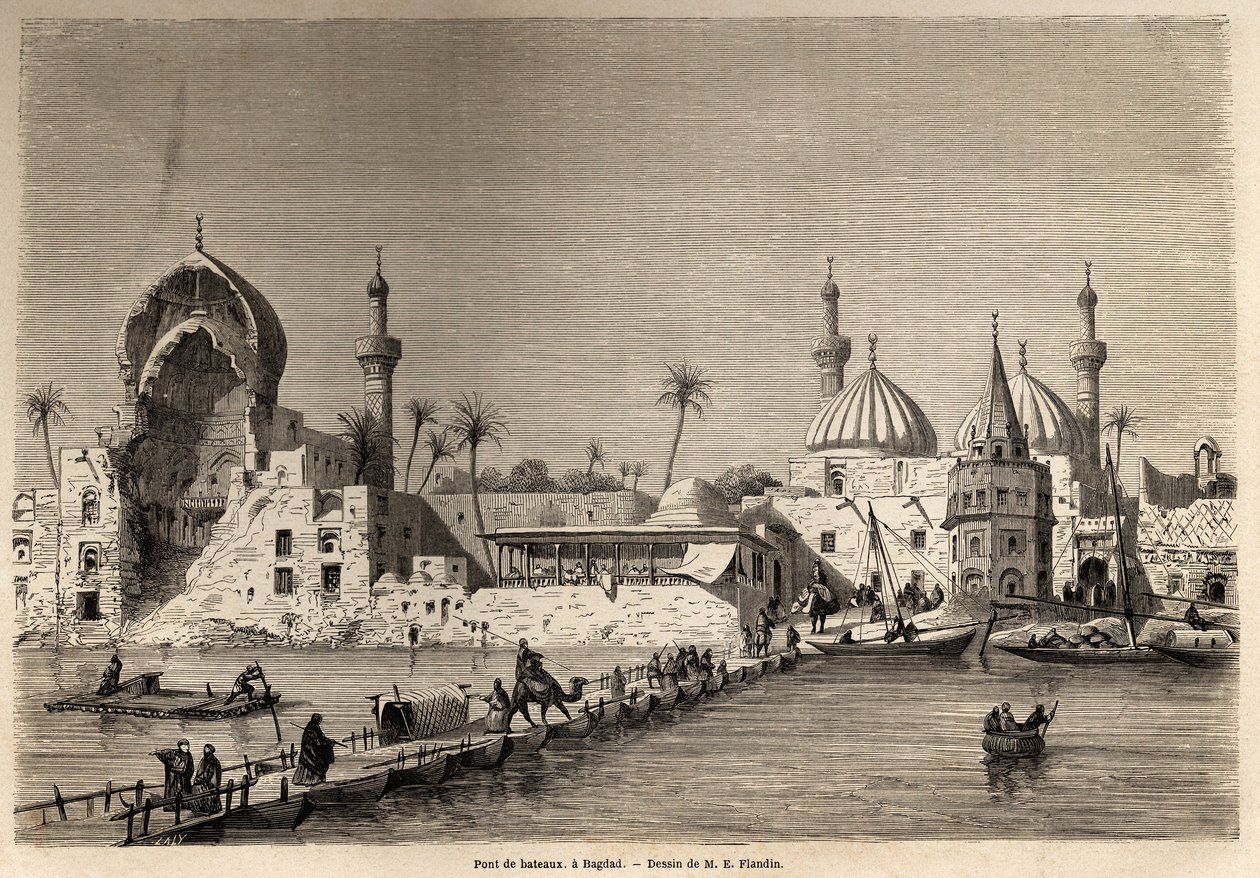 En bådebro i Bagdad, tegning af Eugene Flandin (1809-1876), for at illustrere hans rejse til Mesopotamien i 1840-1842. Stik i “” Le tour du monde”” 1861. Selvas samling. af Eugene Flandin