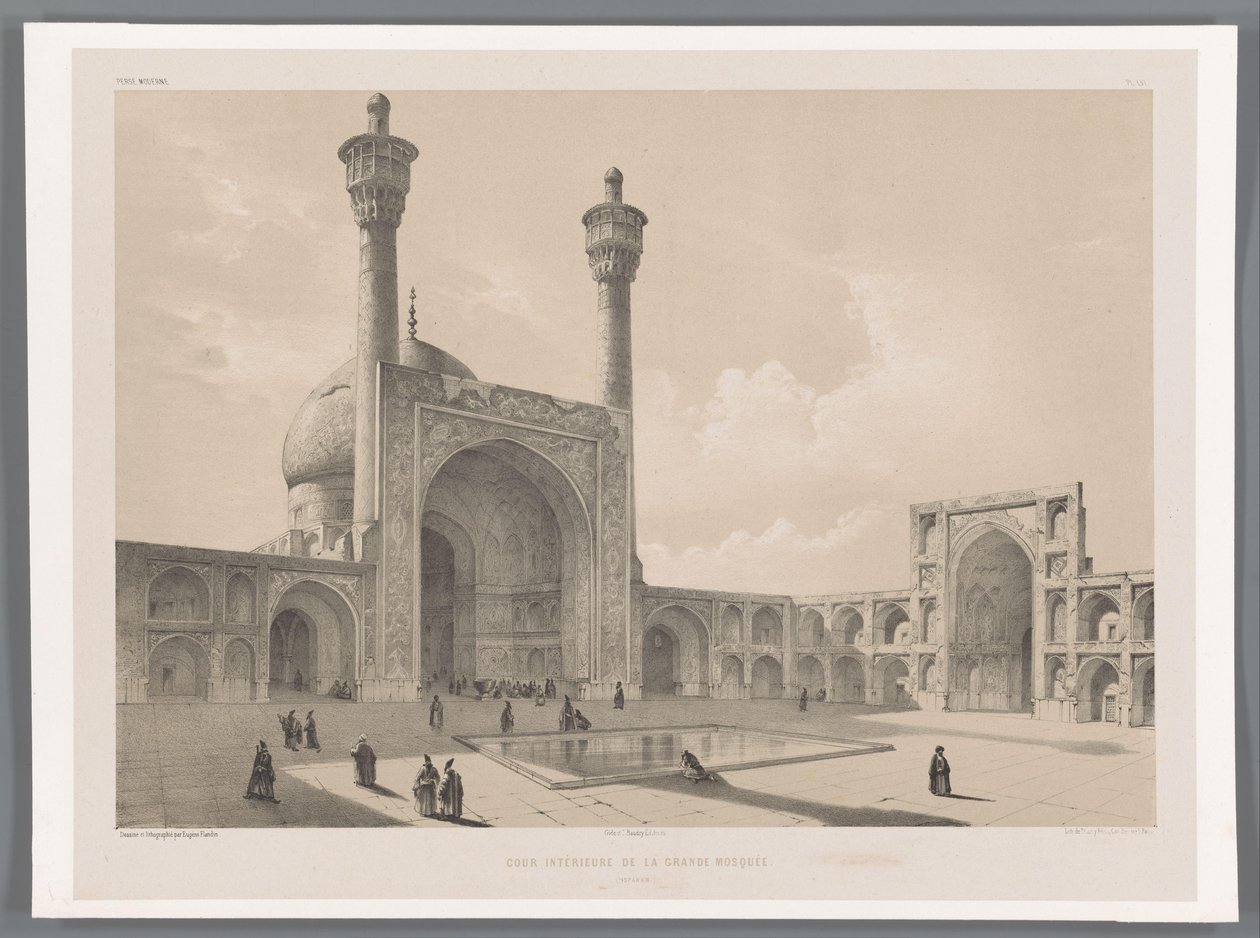 Gården til Jameh-moskeen i Isfahan Cour intérieure de la grande mosquée (Ispahan) (titel på objektet) Persiske landskaber (serietitel) Perse modern (serietitel) af Eugene Flandin