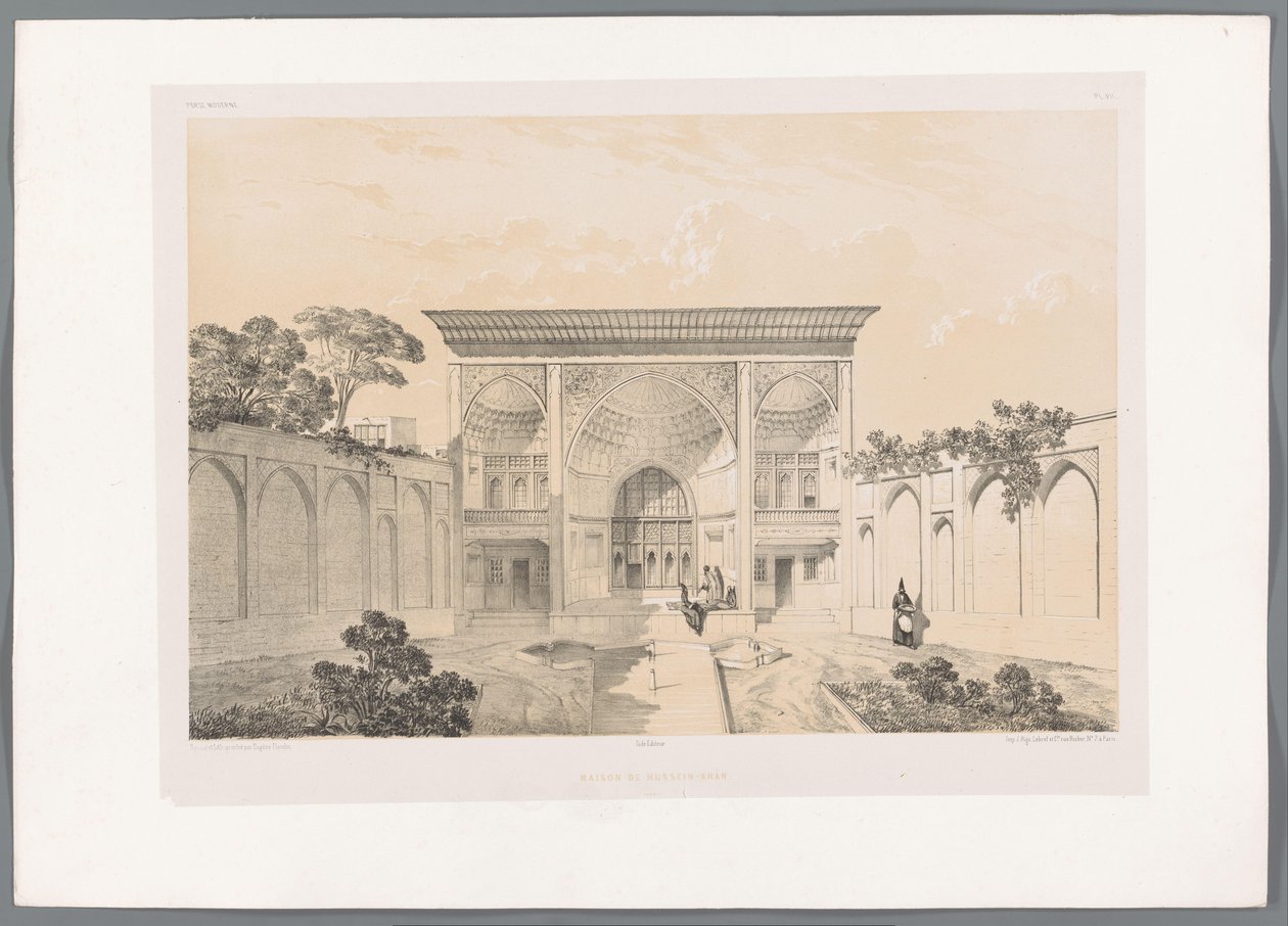 Gården til Hussein Khan-huset i Tabriz Maison de Hussein-Khân Tabriz (titel på objekt) Persiske landskaber (serietitel) Perse modern (serietitel) af Eugene Flandin