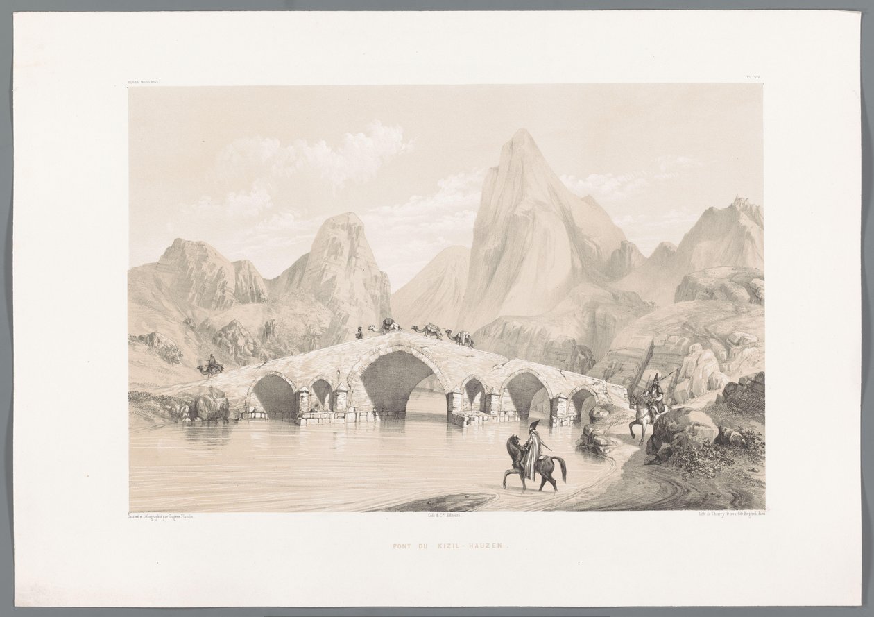 Broen Pol-e Dokhtar Pont du Kizil-Hauzen (titel på objekt) Persiske landskaber (serietitel) Perse modern (serietitel) af Eugene Flandin