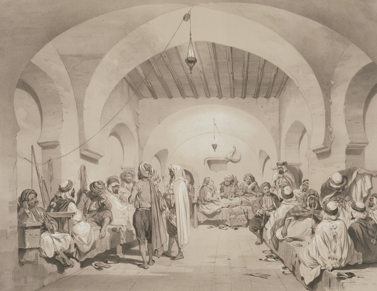 Cafe du Divan, Algier, fra et bind til minde om den franske ekspeditionsstyrke, der erobrede Algier i 1830, indgraveret af Adolphe Jean-Baptiste Bayot (1810-66) af Eugene Flandin