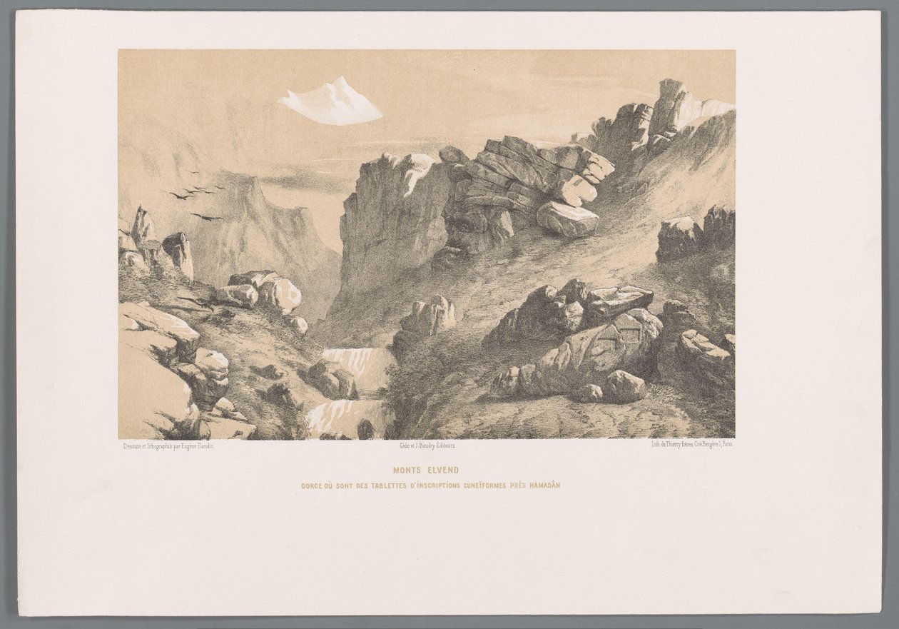 Ganjnameh op de berg Alvand i Iran Mount Elvend Gorge, hvor er kileskriftstavler nær Hamadan (titel på objektet) af Eugene Flandin