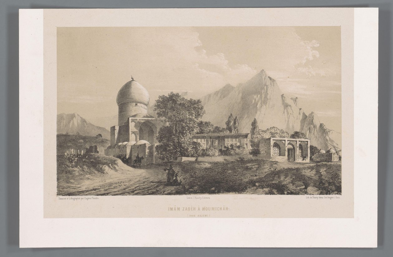 Udsigt over Imamzadeh Komijan i Irak-i Ajam Imâm Zadeh à Koumichâh (Iraq Adjemi) (titel på objektet) Persiske landskaber (serietitel) Perse modern (serietitel) af Eugene Flandin