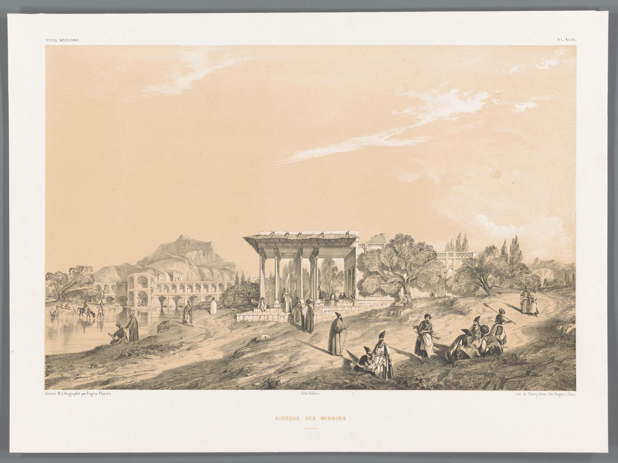 Udsigt over en bygning i Isfahan, Iran Kiosque des miroirs Ispahan (titel på objekt) Persiske landskaber (serietitel) Perse modern (serietitel) af Eugene Flandin