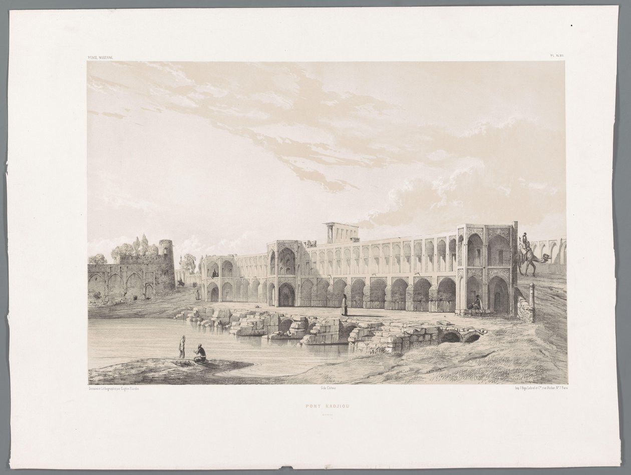 Khaju Bridge eller Pol-e Khaju i Isfahan Pont Kadjiou Chiraz (titel på objekt) Persiske landskaber (serietitel) Perse modern (serietitel) af Eugene Flandin