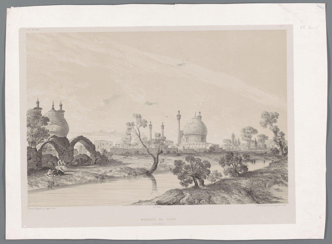 Shahens moske eller Kongens moske i Isfahan Mosquée du Châh (Ispahan) (titel på objekt) Persiske landskaber (serietitel) Perse modern (serietitel) af Eugene Flandin