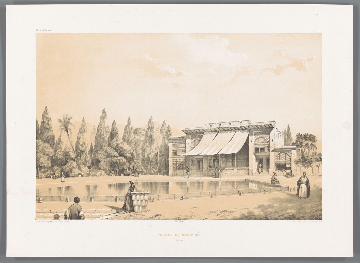 Nou Bagh Palace i Shiraz Palais de Bagh-Nô (titel på objektet) Persiske landskaber (serietitel) Perse modern (serietitel) af Eugene Flandin
