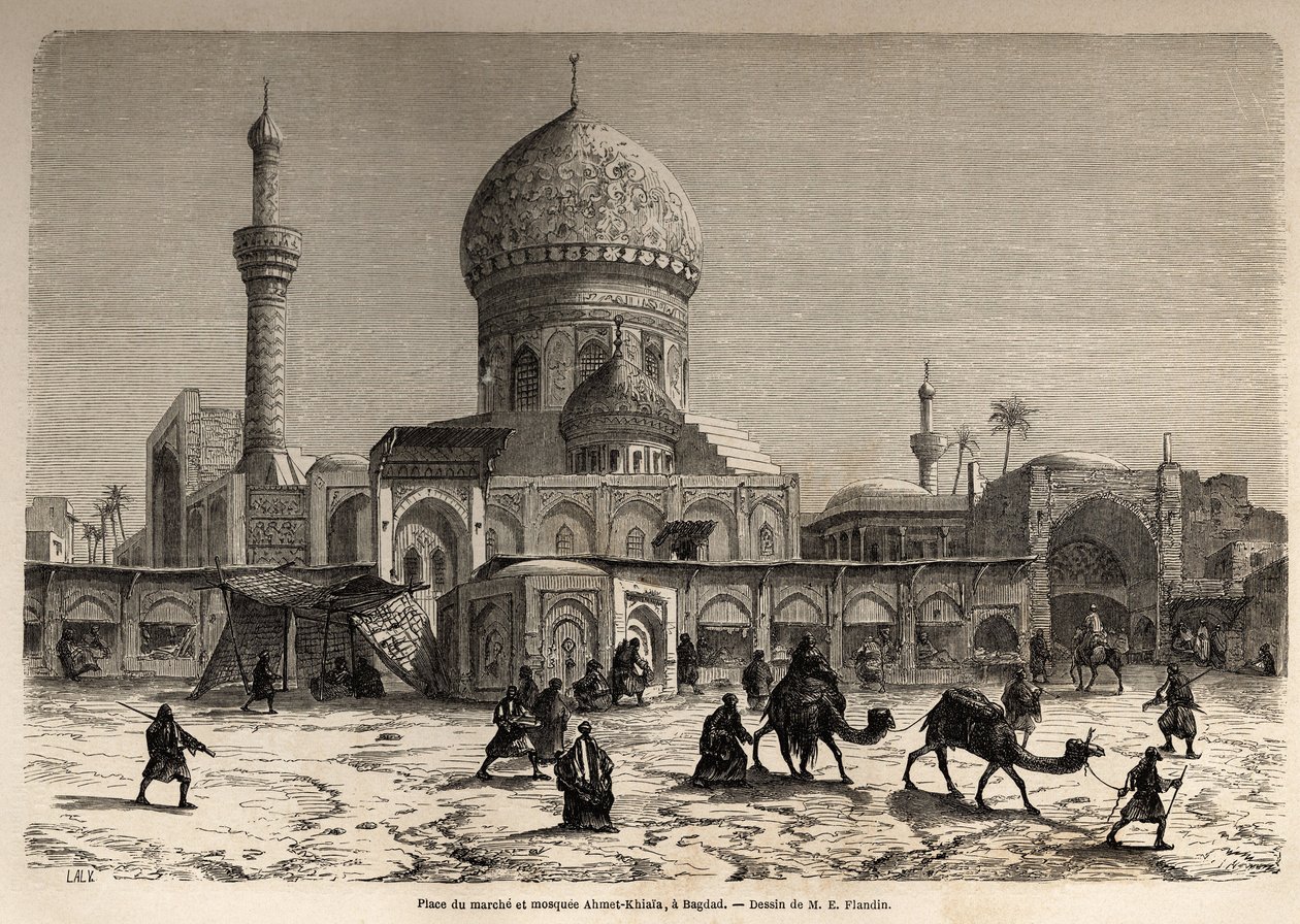 Marche-pladsen og Ahmet Khiaia-moskeen i Bagdad, tegning af Eugene Flandin (1809-1876), for at illustrere hans rejse til Mesopotamien i 1840-1842. Stik i “” Le tour du monde”” 1861. Selvas samling. af Eugene Flandin