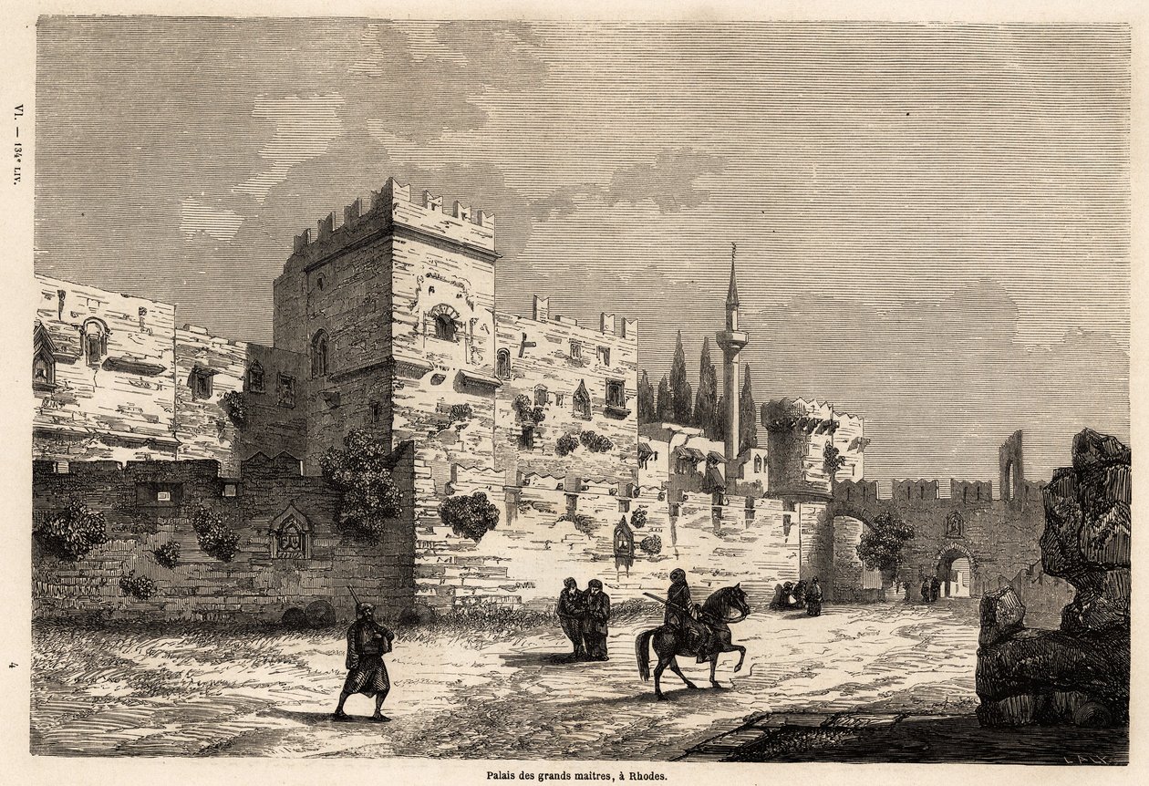 De store mestres palads på Rhodos, tegning af Eugene Flandin, for at illustrere hans rejse til øen Rhodos i 1844. Indgravering i "" Le tour du monde"", redigeret af Edouard Charton af Eugene Flandin