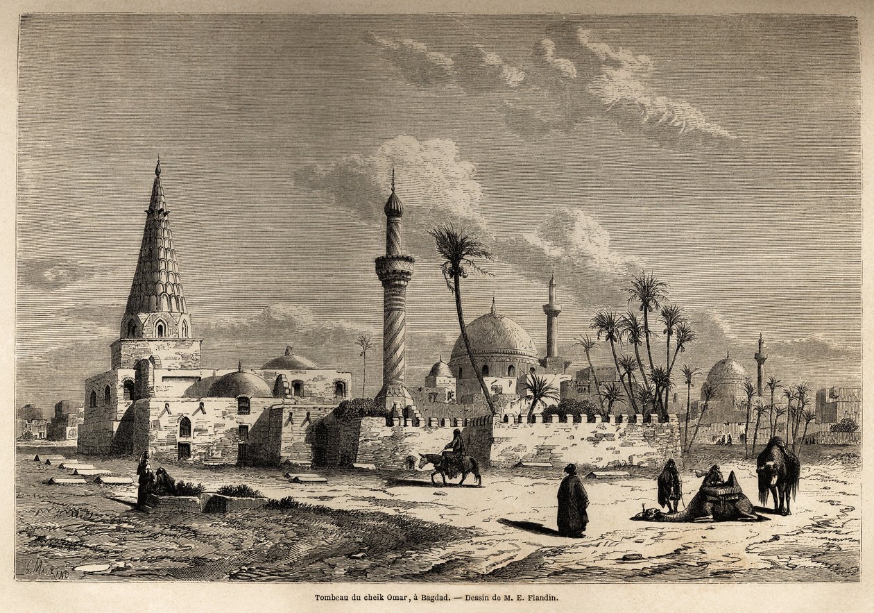 Sheikh Omars grav i Bagdad, tegning af Eugene Flandin (1809-1876), for at illustrere hans rejse til Mesopotamien i 1840-1842. Stik i “” Le tour du monde”” 1861. Selvas samling. af Eugene Flandin