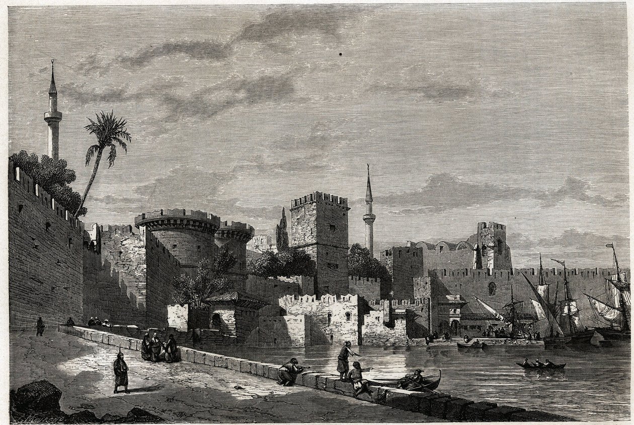 Udsigten over Rhodos havn og Aubussons port, tegning af Eugene Flandin, for at illustrere hans rejse til øen Rhodos i 1844. Indgravering i "" Le tour du monde"", redigeret af Edouard Charton af Eugene Flandin