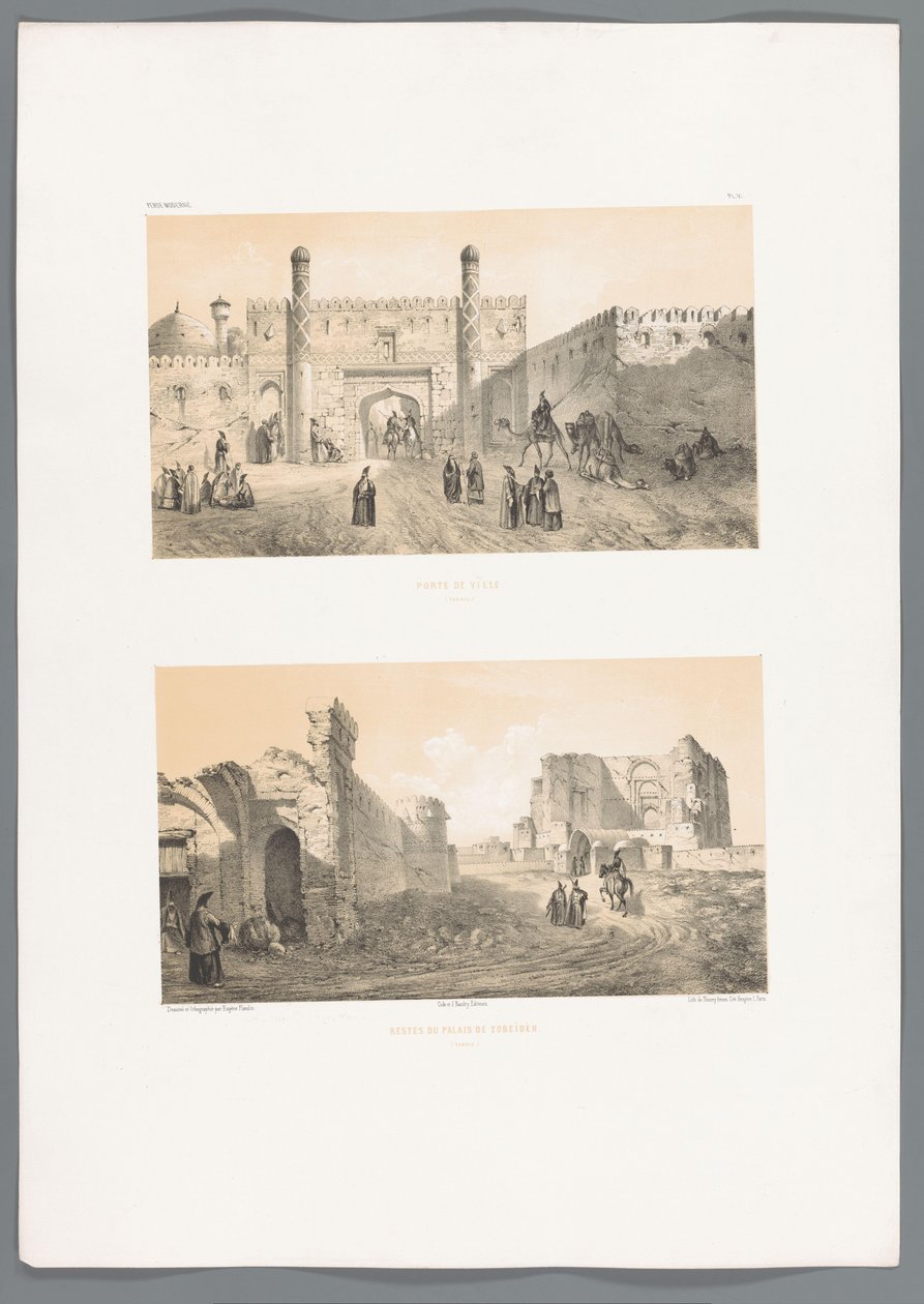 To ansigter på Tabriz Porte de ville (Tabriz) (titel på objekt) Restes du palais de Zobeids (Tabriz) (titel på objekt) Persiske landskaber (serietitel) Perse modern (serietitel) af Eugene Flandin