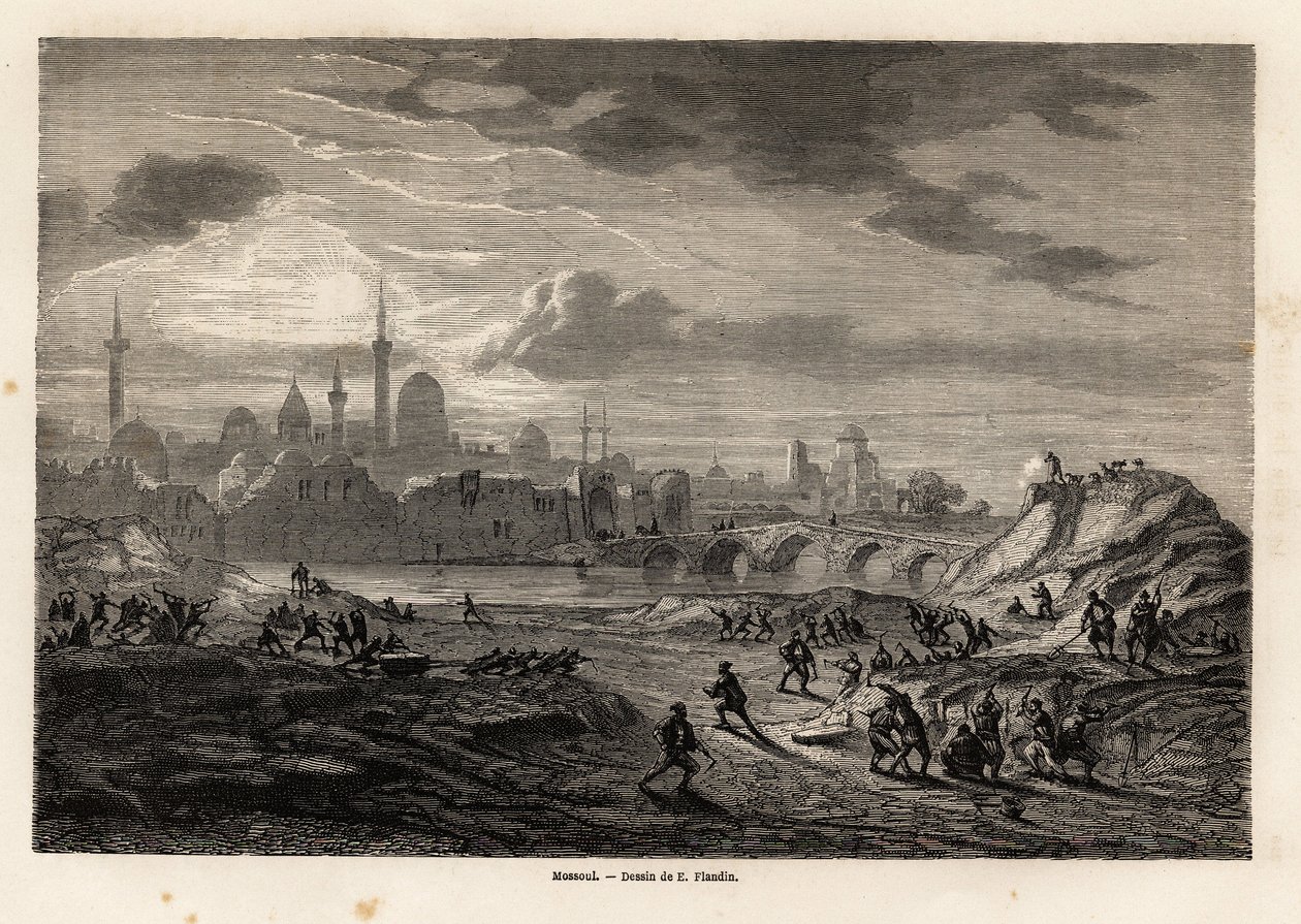 Udsigt over Mosul (Irak), på bredden af Tiger-floden, tegning af Eugene Flandin, for at illustrere ekspeditionen til Nineve, fra 1844 til 1860, af Vivian de Saint Martin. Indgravering i "" Le tour du monde"", redigeret af Edouard Charton af Eugene Flandin