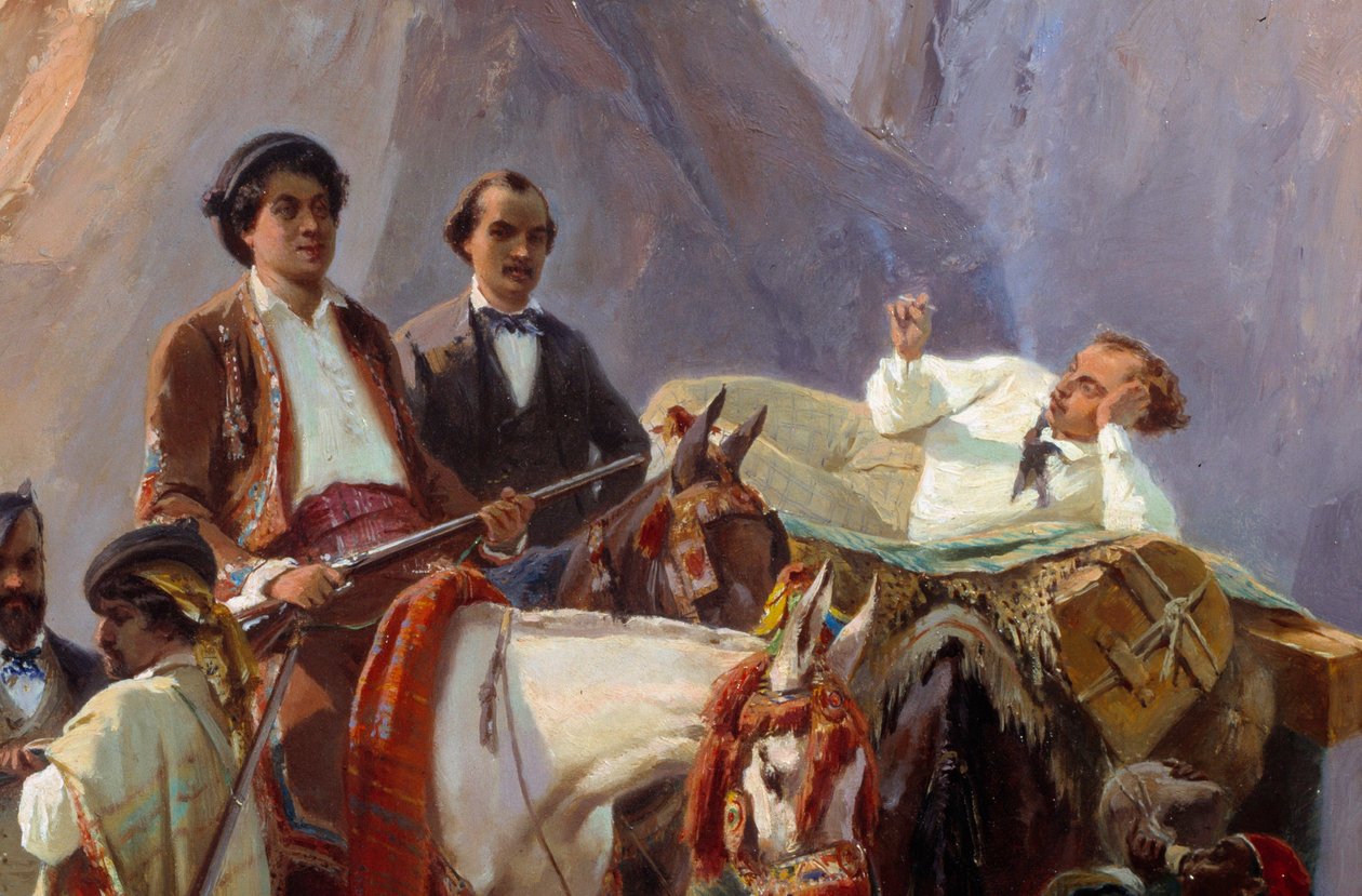 Erindring om rejsen fra Paris til Cadiz foretaget i 1846 af Alexandre Dumas og hans venner Repræsentation af Alexandre Dumas, far og søn, Louis Boulanger, Eugene Giraud, A. Maquet og Desbarolles. Detalje. Maleri af Eugene Giraud (1806-1881) 1846 af Eugene Giraud
