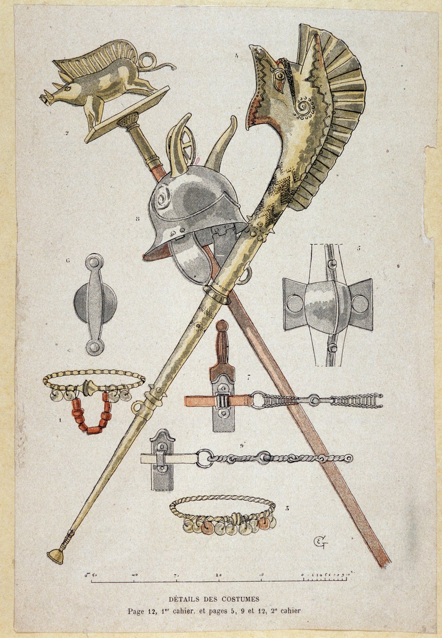 Tilbehør til den galliske kriger: banner, der dekorerer en saglier lærer, hjelmen og krigshornet (carnyx) - i "" Illustrous Teaching Cahiers, krigsdragter fra bronzealderen og galliske tidsalder"", red Grasset af Eugene Grasset