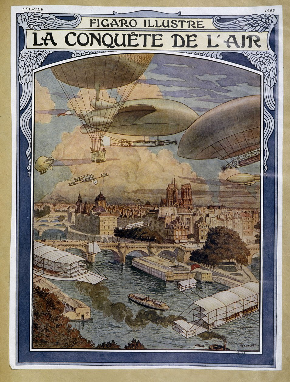 Air conquet: luftskib, ballon og luftballon over Paris - omslag i "" Figaro Illustré"" fra februar 1909 af Eugene Grasset